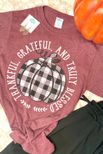 Load image into Gallery viewer, "Thankful, Grateful, & Truly Blessed" Buffalo Plaid Pumpkin Tee