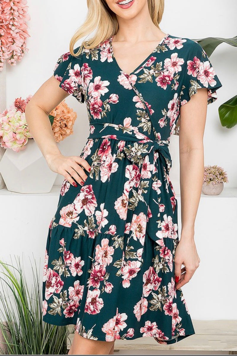 wrap dress pockets Floral Faux With – Love Story Street Boutique Includes deep side pockets Aflion Women's Sexy Ditsy 5a7Essential Color:WHT-BLUES