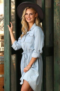 Button Up Chambray Dress with Drawstring Waist