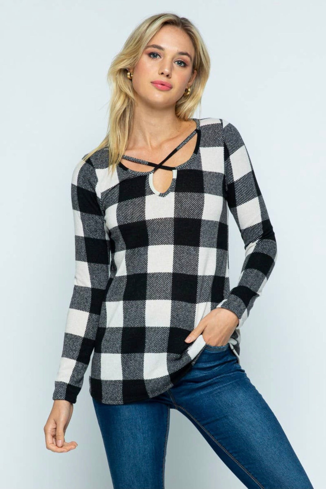 Buffalo Plaid Criss Cross Long Sleeve Top