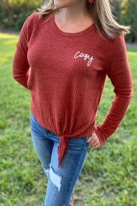 Cozy Waffle Tie Front Top