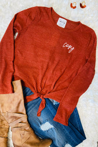 Cozy Waffle Tie Front Top