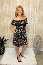 Load image into Gallery viewer, Black Floral On or Off Shoulder Dress with Pockets
