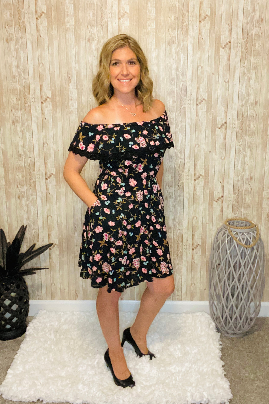Black Floral On or Off Shoulder Dress with Pockets