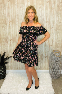 Black Floral On or Off Shoulder Dress with Pockets