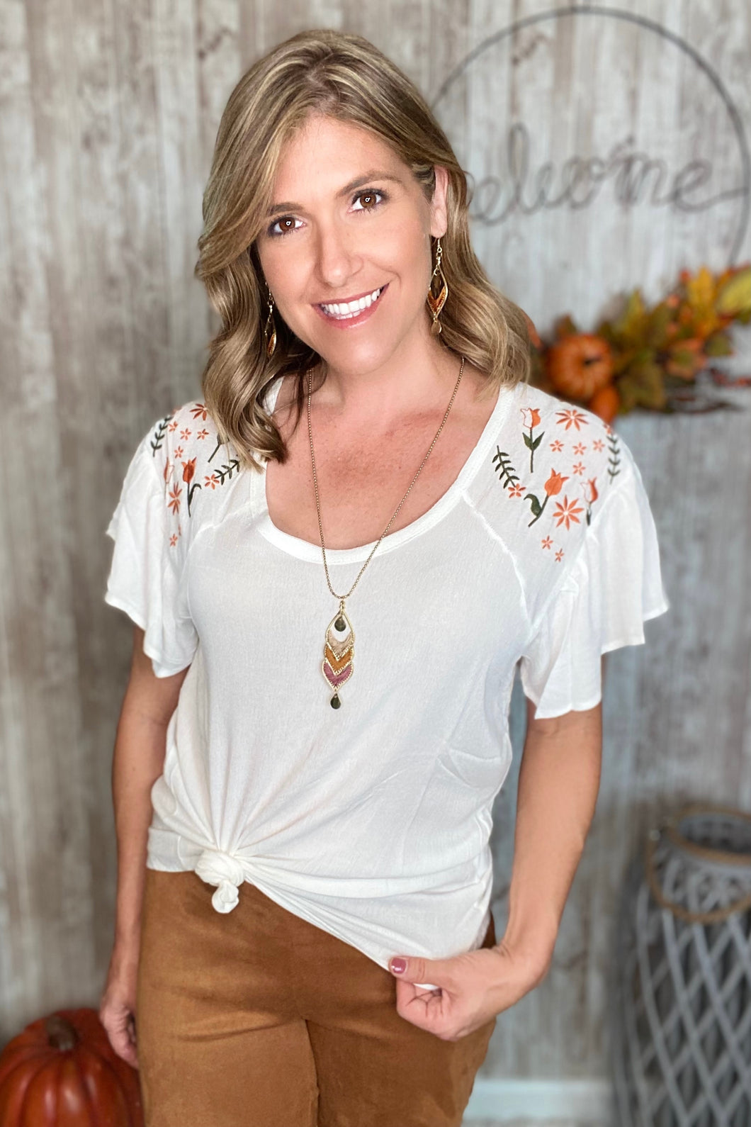 Embroidered Flutter Sleeve Top
