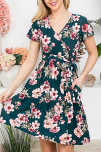 Floral Faux Wrap Dress With Pockets