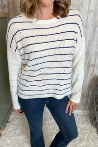 Navy Striped Knit Pullover Sweater