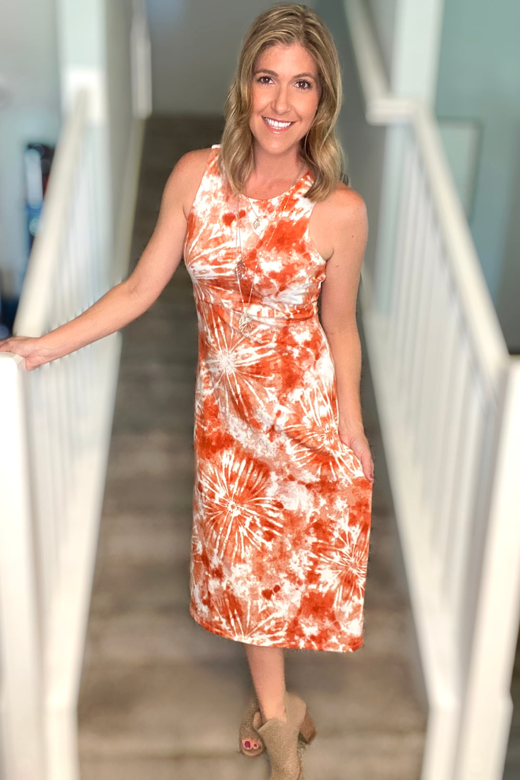 Burnt Orange Tie Dye Midi Dress