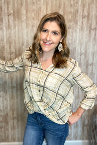 Twist Front Plaid Woven Top