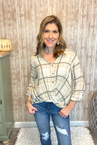 Twist Front Plaid Woven Top