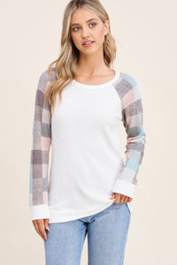 Raglan Plaid Sleeve Waffle Top