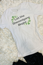 Load image into Gallery viewer, &quot;Let the Shenanigans Begin&quot; Shamrock Detailed T-Shirt
