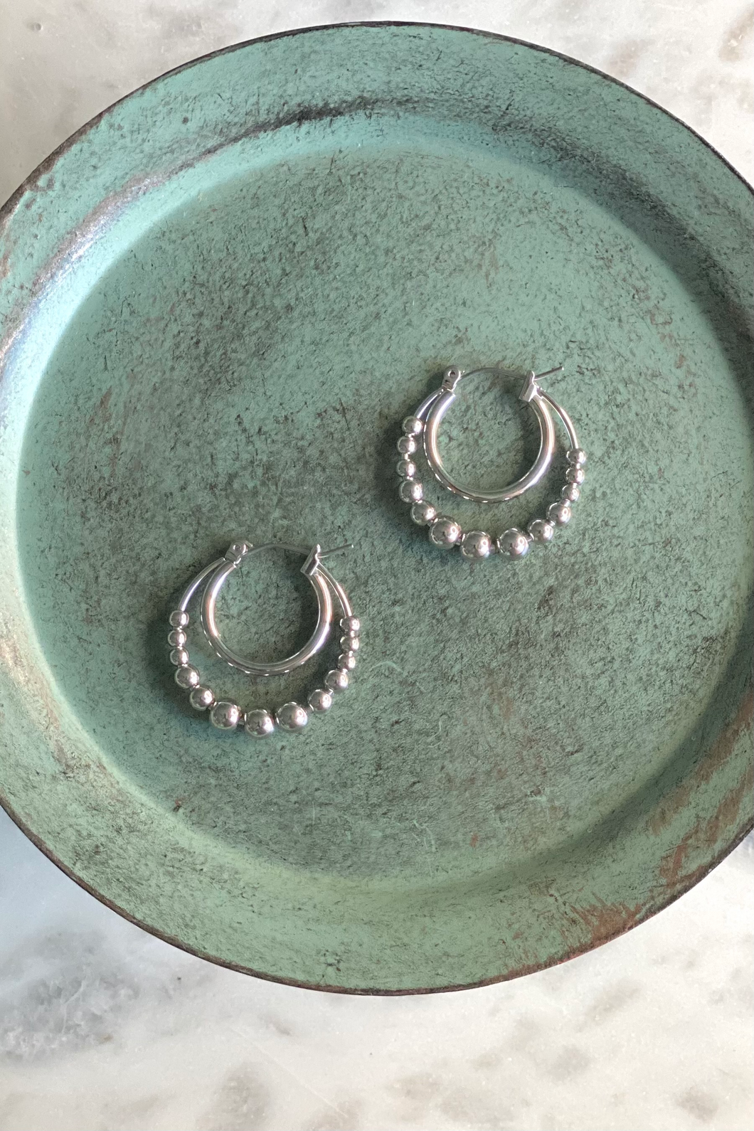 Silver Bead Small Double Hoop Earrings