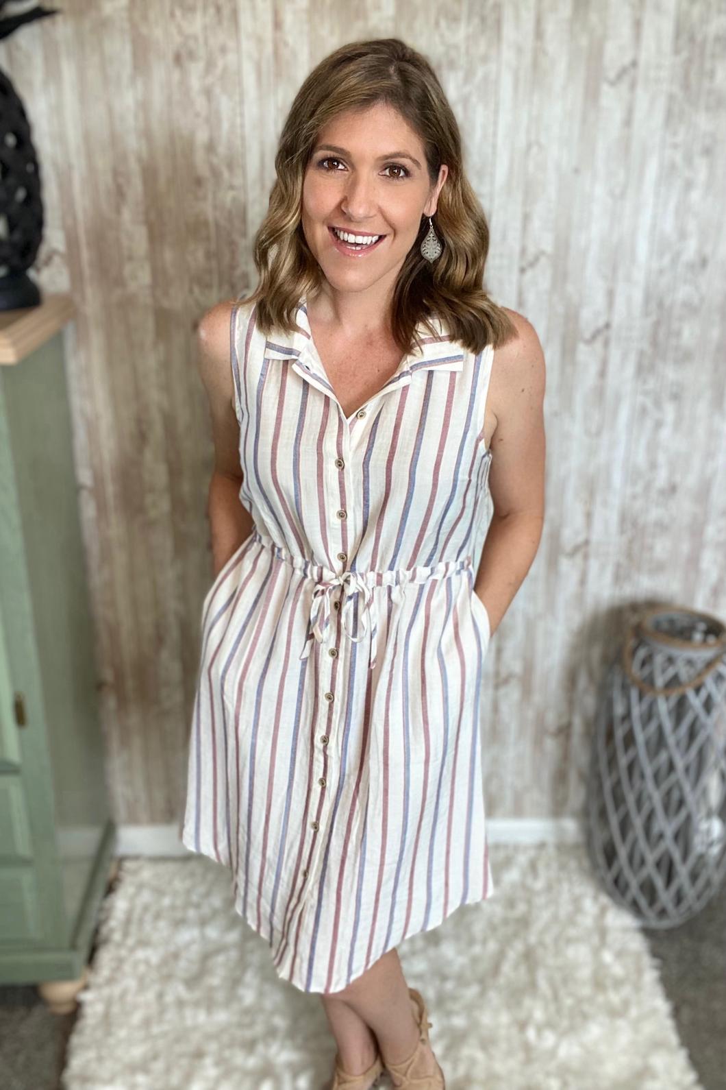 Sleeveless Striped Button Front Dress with Pockets