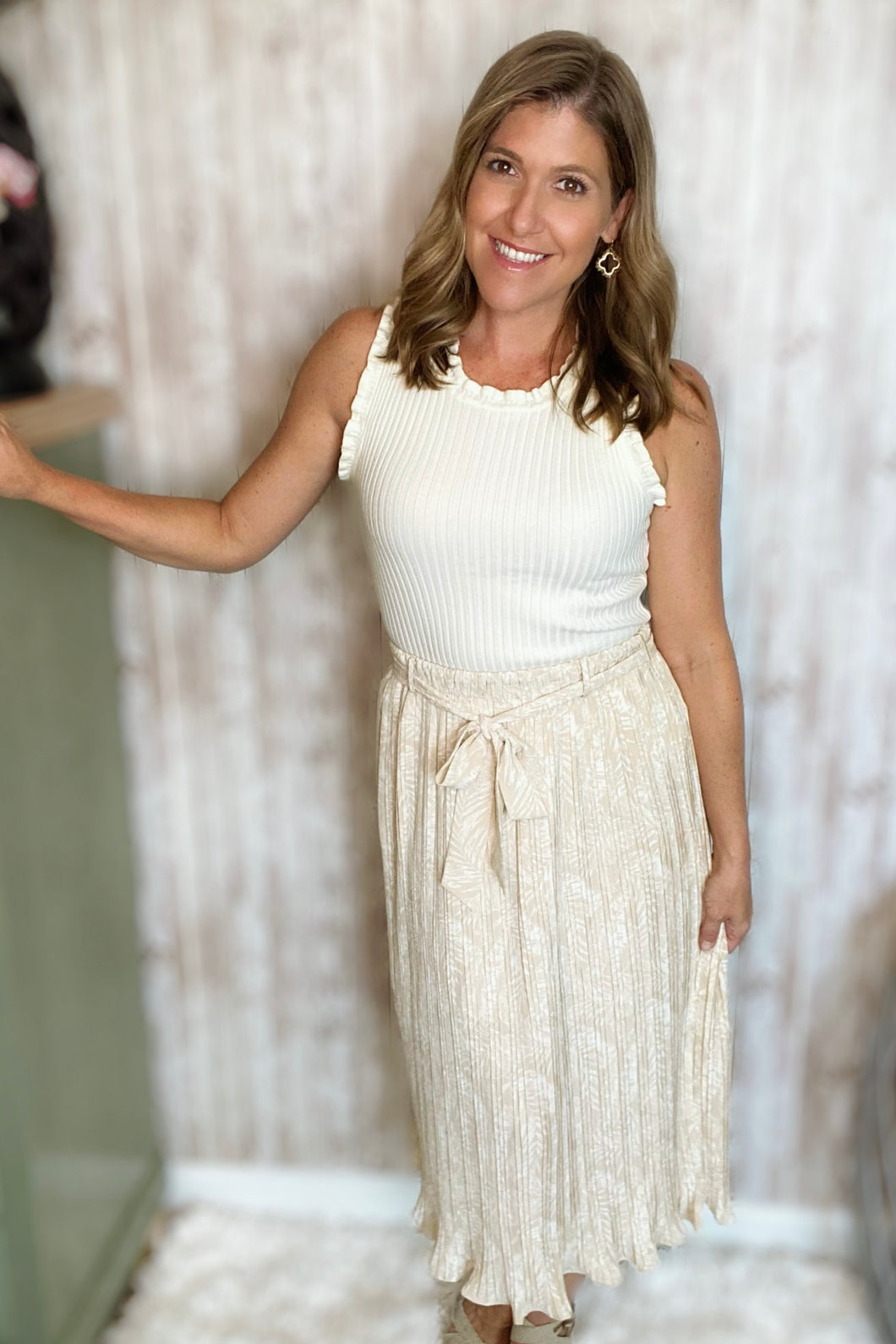 Tropical Tie Waist Pleated Skirt