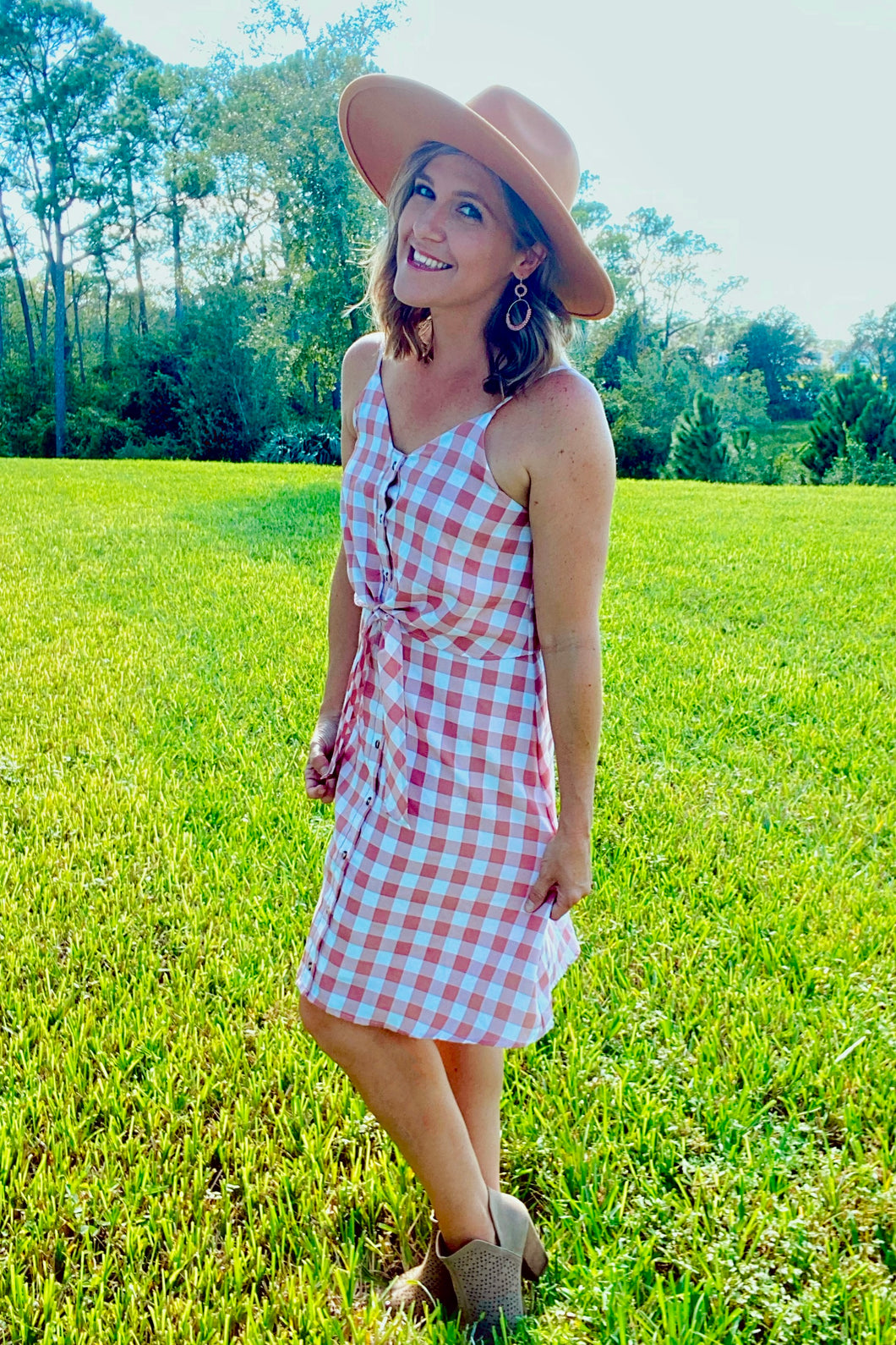 Gingham Button Front Waist Tie Dress