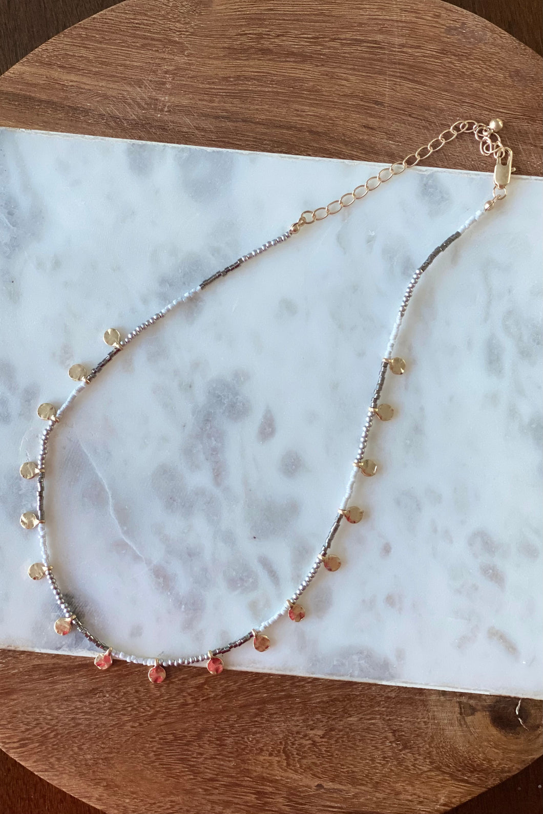 Disk Charm Gray Seed Bead Necklace