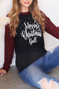 "Merry Christmas, Ya'll" Plaid Sleeve Top