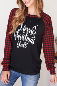 "Merry Christmas, Ya'll" Plaid Sleeve Top